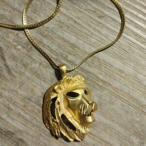 Lion Head Gold Tone Diamond Cut Pendant Necklace Chain Men Women Large Vintage